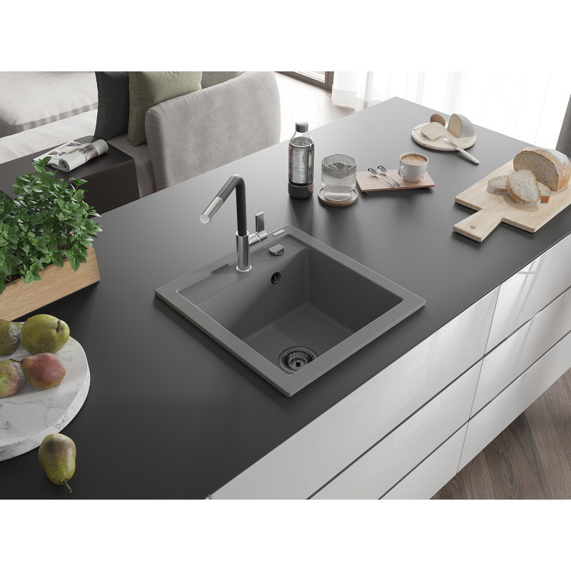 Mexen Vito Granitspüle 1-beckig mit Küchenarmatur Flora, grau - 6503-71-670401-07-B