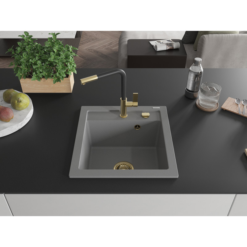 Mexen Vito Granitspüle 1-Becken mit Küchenarmatur Flora, grau - 6503-71-670401-57-G