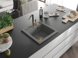 Mexen Vito Granitspüle 1-Becken mit Küchenarmatur Flora, grau - 6503-71-670401-57-G