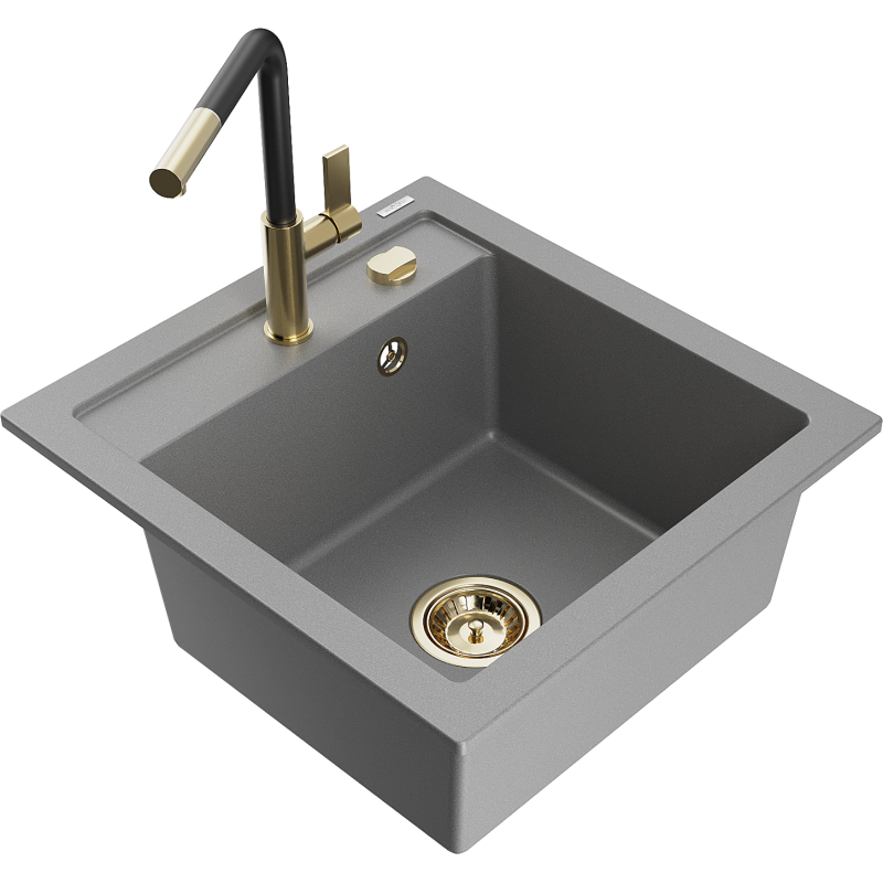 Mexen Vito Granitspüle 1-Becken mit Küchenarmatur Flora, grau - 6503-71-670401-57-G