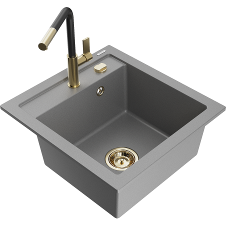 Mexen Vito Granitspüle 1-Becken mit Küchenarmatur Flora, grau - 6503-71-670401-57-G