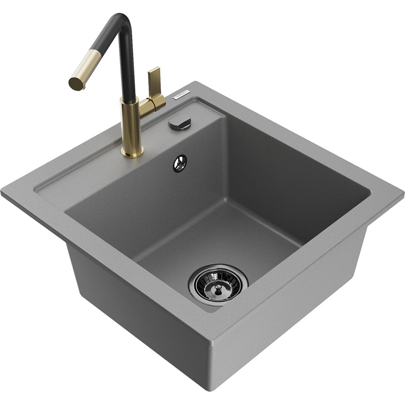 Mexen Vito Granitspüle 1-Becken mit Küchenarmatur Flora, grau - 6503-71-670401-57-B