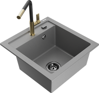 Mexen Vito Granitspüle 1-Becken mit Küchenarmatur Flora, grau - 6503-71-670401-57-B