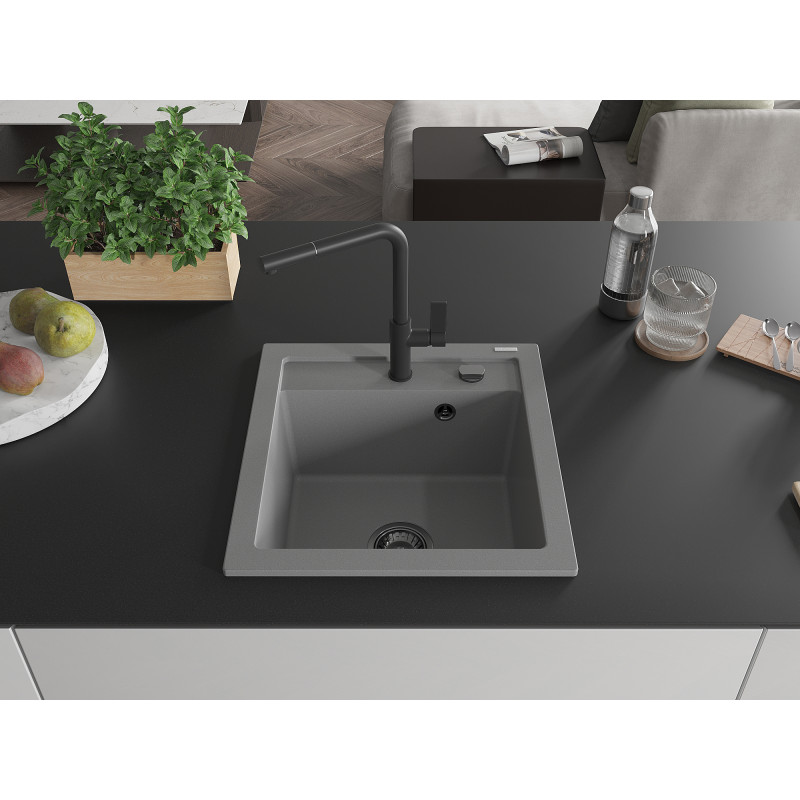 Mexen Vito Granit-Spülbecken 1-Kammer mit Küchenarmatur Flora, grau - 6503-71-670401-70-B
