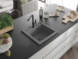 Mexen Vito Granit-Spüle ein Becken mit Küchenarmatur Flora, grau - 6503-71-670401-70-B