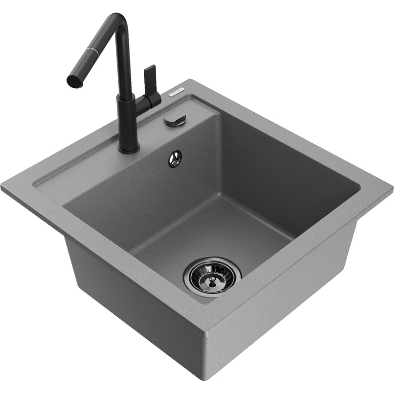 Mexen Vito Granit-Spüle ein Becken mit Küchenarmatur Flora, grau - 6503-71-670401-70-B