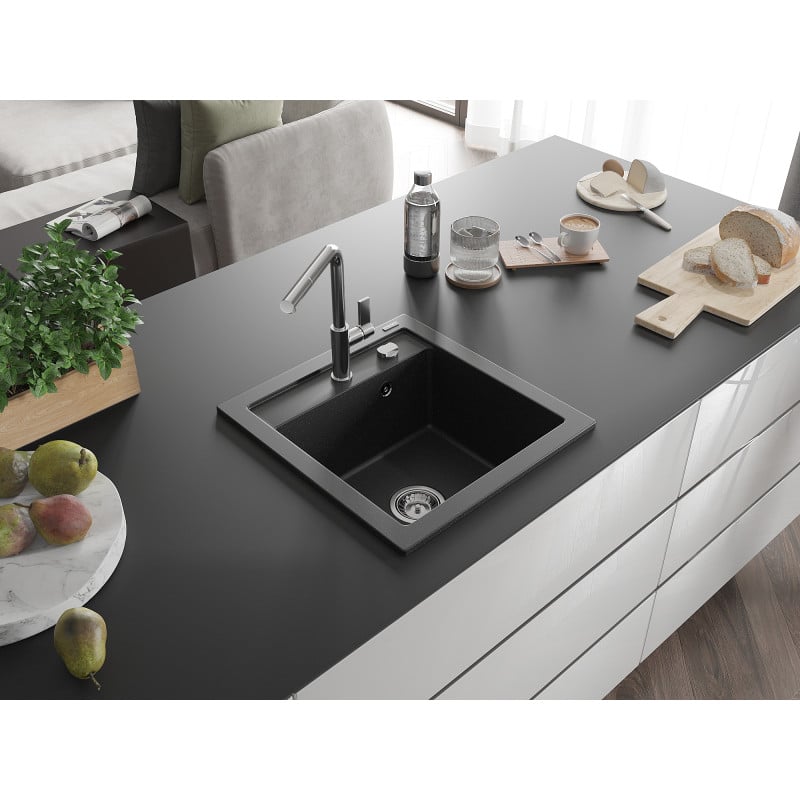 Mexen Vito Granitspüle 1-Kammer mit Küchenarmatur Flora, schwarz/silber Metallic - 6503-73-670401-00