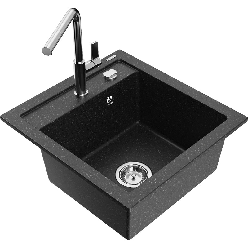 Mexen Vito Granitspüle 1-beckig mit Küchenarmatur Flora, schwarz/silber metallic - 6503-73-670401-00