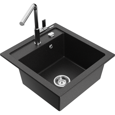 Mexen Vito Granitspüle 1-beckig mit Küchenarmatur Flora, schwarz/silber metallic - 6503-73-670401-00