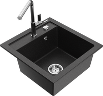 Mexen Vito Granitspüle 1-beckig mit Küchenarmatur Flora, schwarz/silber metallic - 6503-73-670401-00