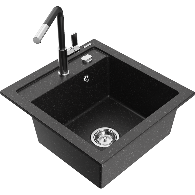 Mexen Vito Granitspüle 1-Becken mit Küchenarmatur Flora, schwarz/silber metallic - 6503-73-670401-07