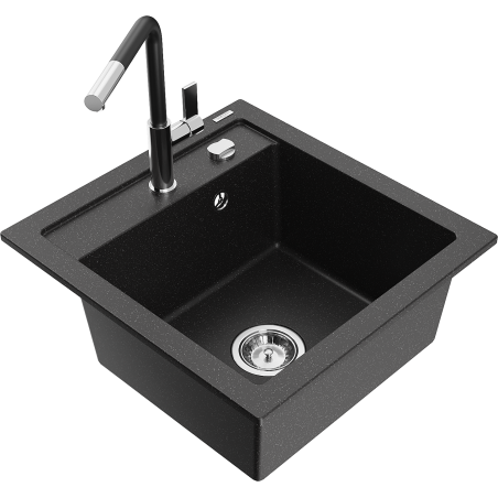 Mexen Vito Granitspüle 1-Becken mit Küchenarmatur Flora, schwarz/silber metallic - 6503-73-670401-07