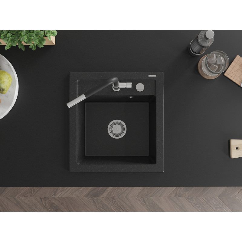 Mexen Vito Granitspüle 1-Becken mit Küchenarmatur Flora, schwarz/silber metallic - 6503-73-670401-07