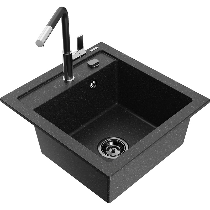 Mexen Vito granitspüle einbau 1-becken mit küchenarmatur Flora, schwarz/silber metallic - 6503-73-670401-07-B