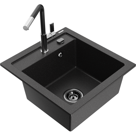 Mexen Vito Granitspüle 1-Becken mit Küchenarmatur Flora, schwarz/silber metallisch - 6503-73-670401-07-B