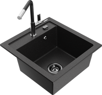 Mexen Vito granitspüle 1-becken mit küchenarmatur Flora, schwarz/silber metallic - 6503-73-670401-07-B