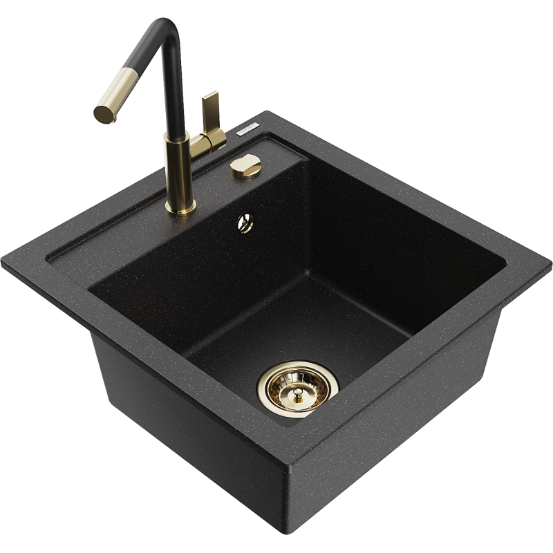 Mexen Vito Granitspüle 1-becken mit Küchenarmatur Flora, schwarz/silber metallic - 6503-73-670401-57-G