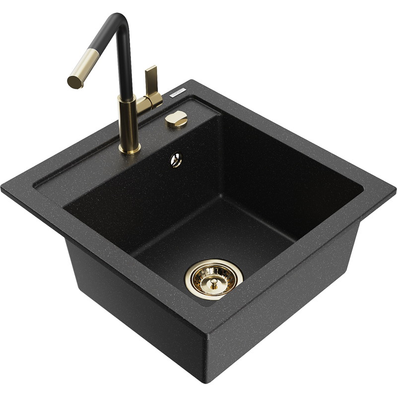 Mexen Vito Granitspüle 1-beckig mit Küchenarmatur Flora, schwarz/silber metallic - 6503-73-670401-57-G