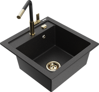 Mexen Vito Granitspüle 1-beckig mit Küchenarmatur Flora, schwarz/silber metallic - 6503-73-670401-57-G
