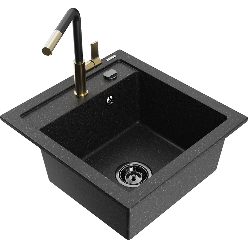 Mexen Vito Einbauspüle aus Granit mit 1 Becken und Küchenarmatur Flora, schwarz/silber-metallic - 6503-73-670401-57-B