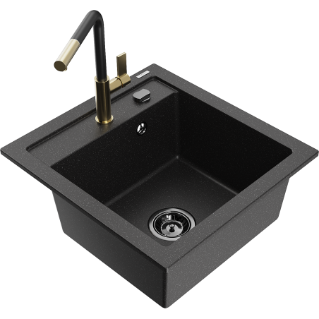 Mexen Vito Granitspüle 1-Becken mit Küchenarmatur Flora, Schwarz/Silber Metallic - 6503-73-670401-57-B