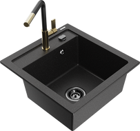 Mexen Vito Granitspüle 1-beckig mit Küchenarmatur Flora, schwarz/silber metallic - 6503-73-670401-57-B