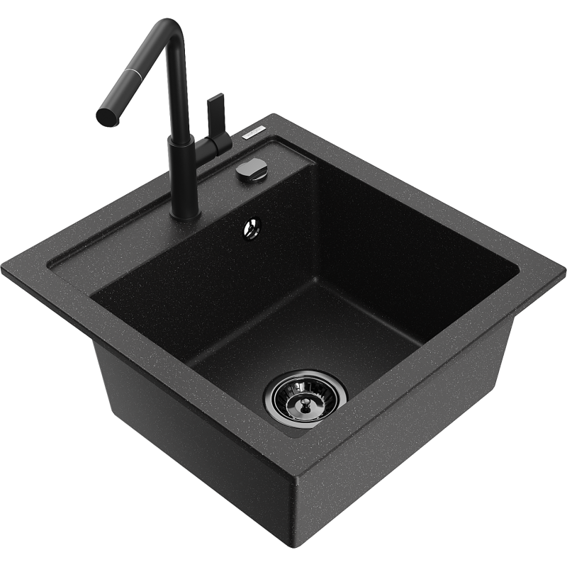 Mexen Vito Granitspüle 1-beckig mit Küchenarmatur Flora, schwarz/silber metallic - 6503-73-670401-70-B