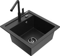 Mexen Vito Granitspüle 1-beckig mit Küchenarmatur Flora, schwarz/silber metallic - 6503-73-670401-70-B
