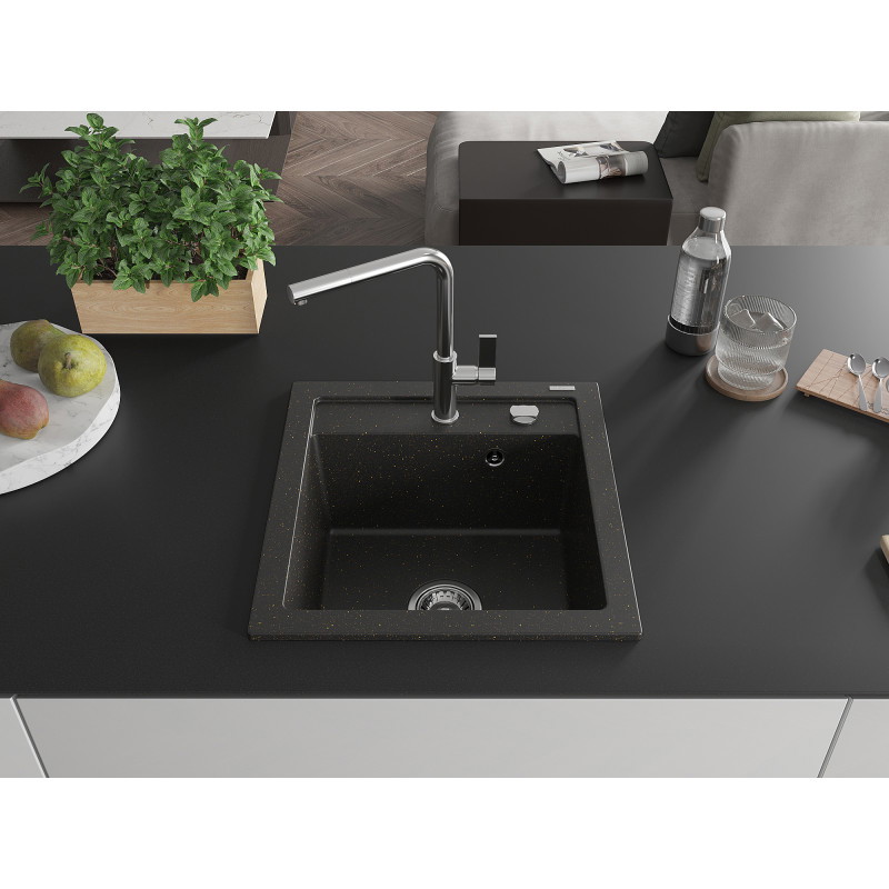 Mexen Vito Granitspüle 1-Becken mit Küchenarmatur Flora, schwarz/gold metallic - 6503-75-670401-00