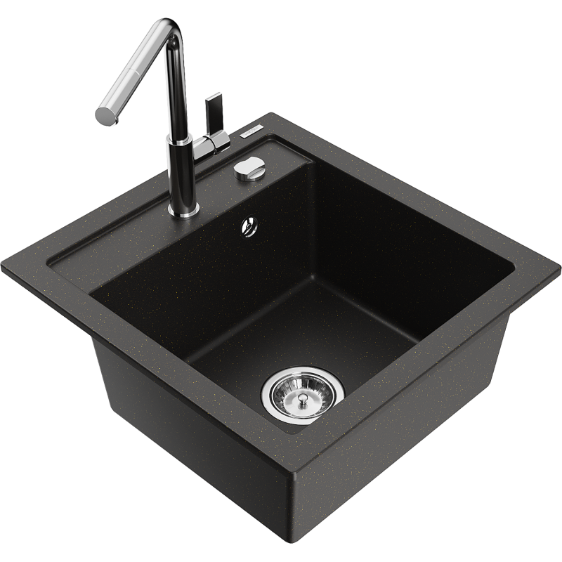 Mexen Vito Granitspüle 1-Becken mit Küchenarmatur Flora, schwarz/gold metallic - 6503-75-670401-00