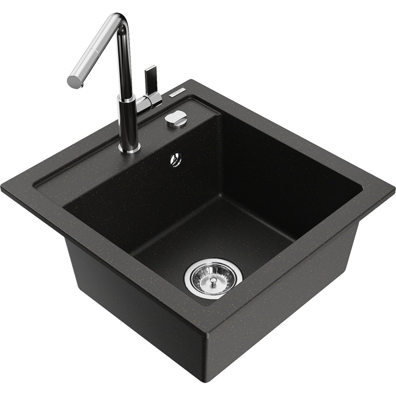 Mexen Vito Granitspüle 1-beckig mit Küchenarmatur Flora, schwarz/goldener Metallic - 6503-75-670401-00