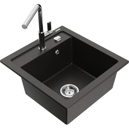 Mexen Vito Granitspüle 1-Becken mit Küchenarmatur Flora, schwarz/gold metallic - 6503-75-670401-00