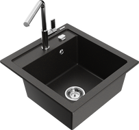 Mexen Vito Einbauspüle aus Granit mit 1 Becken und Küchenarmatur Flora, schwarz/goldmetallic - 6503-75-670401-00