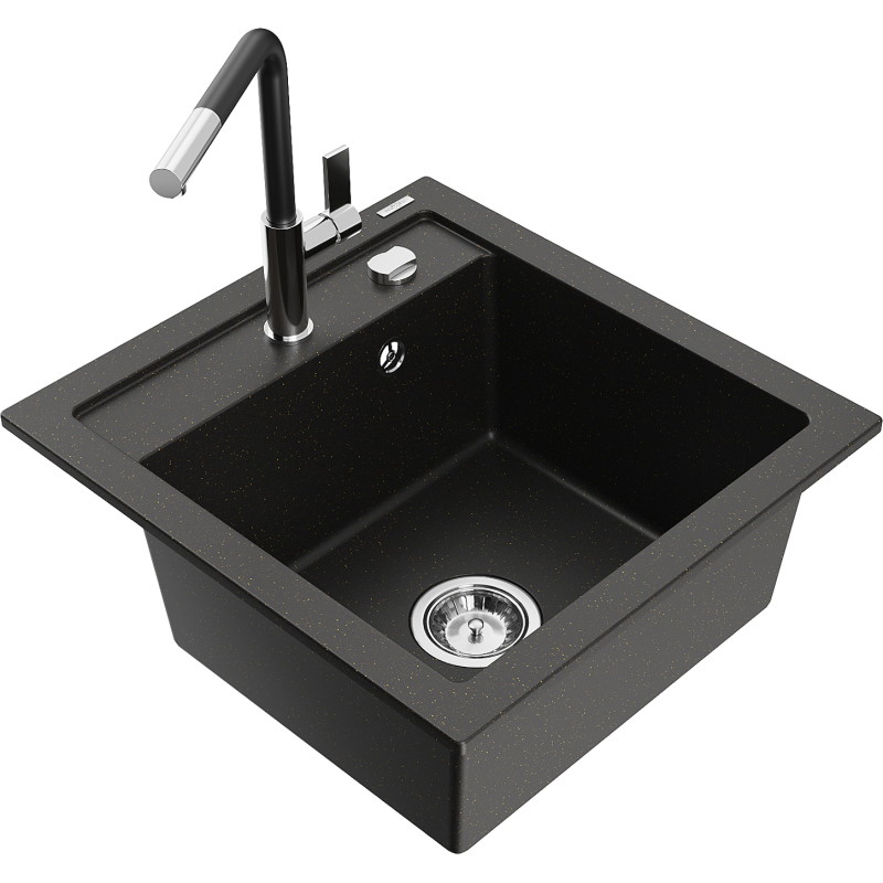 Mexen Vito Granitspüle 1-becken mit Küchenarmatur Flora, schwarz/gold metallic - 6503-75-670401-07
