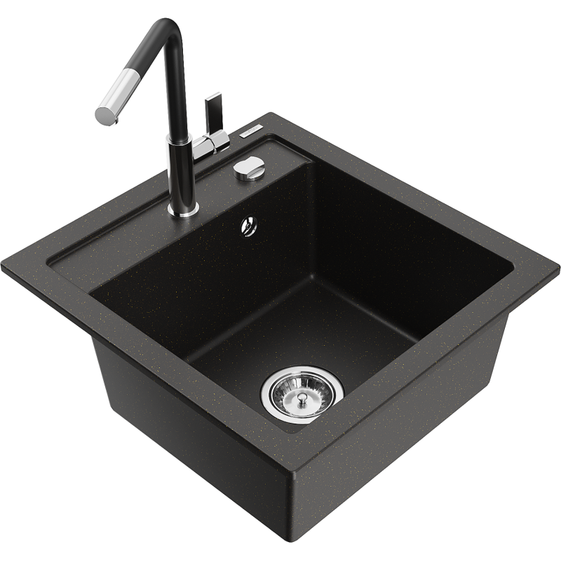 Mexen Vito Granitspüle 1-Kammer mit Küchenarmatur Flora, Schwarz/Gold Metallic - 6503-75-670401-07