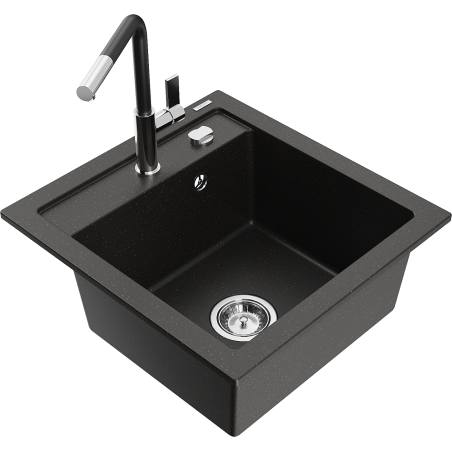 Mexen Vito Granitspüle 1-Kammer mit Küchenarmatur Flora, Schwarz/Gold Metallic - 6503-75-670401-07