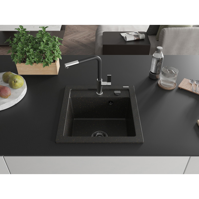 Mexen Vito Granitspüle 1-beckig mit Küchenarmatur Flora, schwarz/gold metallisch - 6503-75-670401-07-B