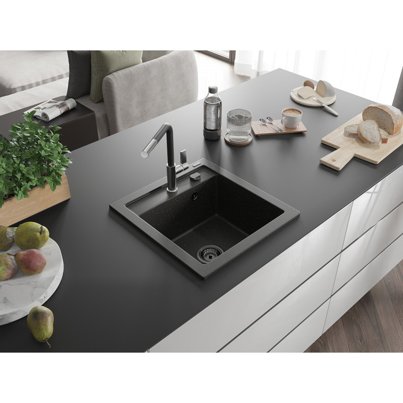Mexen Vito Granitspüle 1-beckig mit Küchenarmatur Flora, schwarz/gold metallisch - 6503-75-670401-07-B