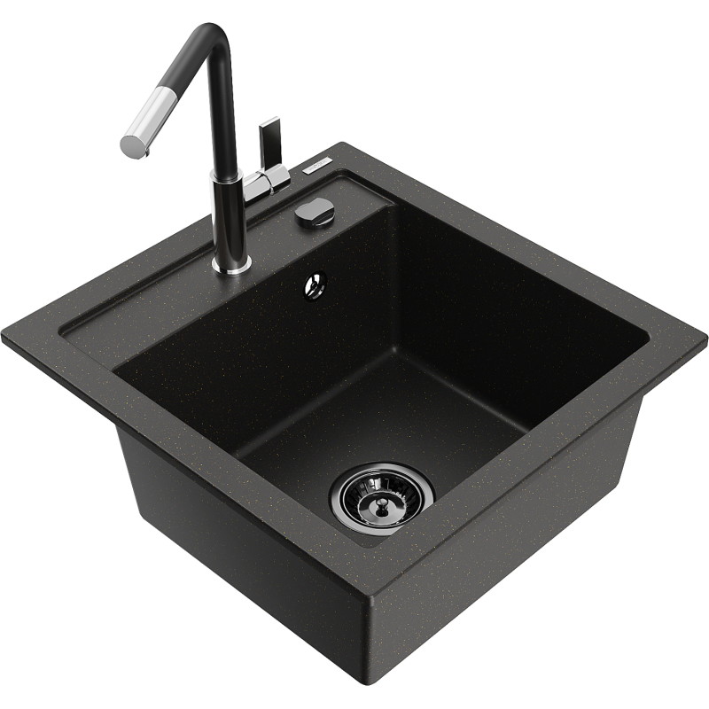 Mexen Vito Granit-Spülbecken 1-Kammer mit Küchenarmatur Flora, schwarz/gold Metallic - 6503-75-670401-07-B