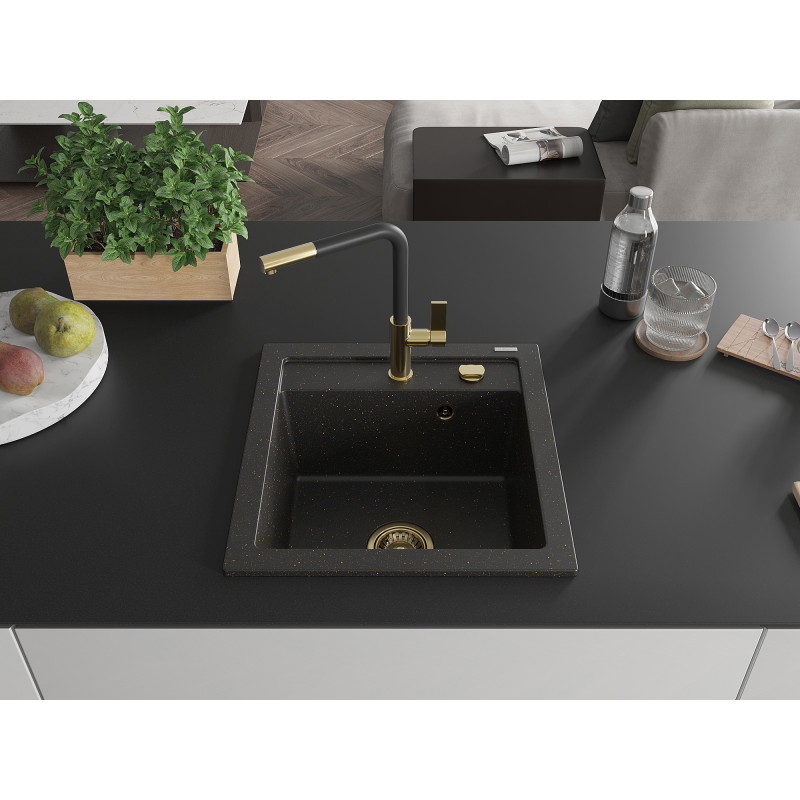 Mexen Vito Granitspüle 1-Becken mit Küchenarmatur Flora, schwarz/gold metallic - 6503-75-670401-57-G