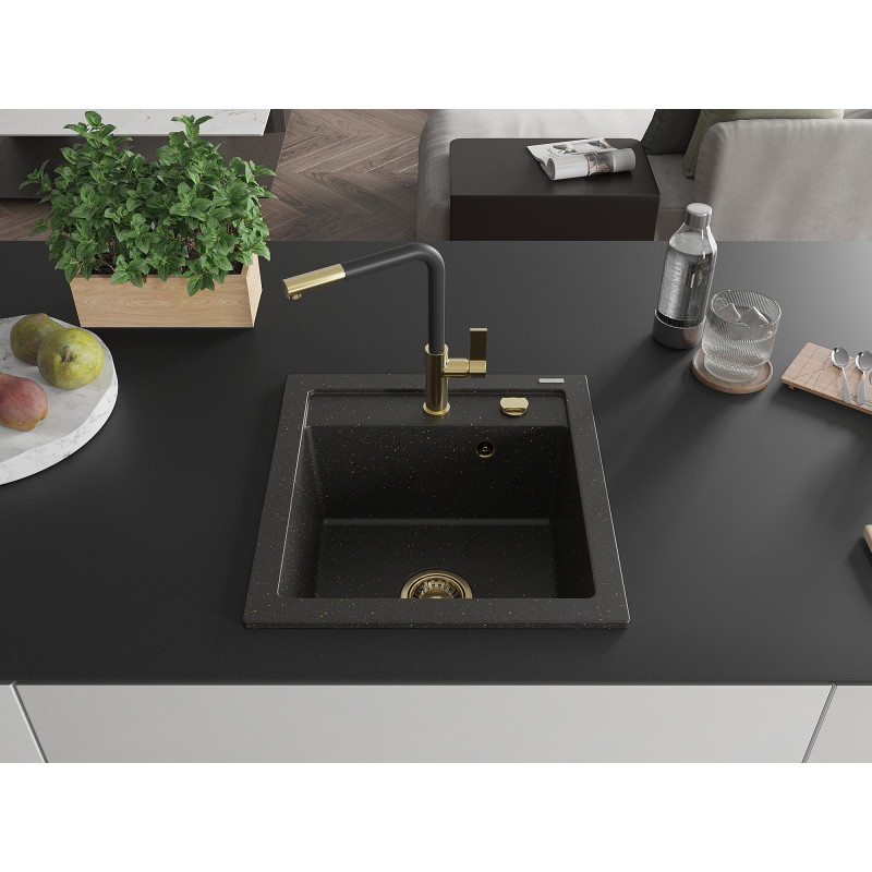 Mexen Vito granitspüle 1-becken mit küchenarmatur Flora, schwarz/goldener metallic - 6503-75-670401-57-G