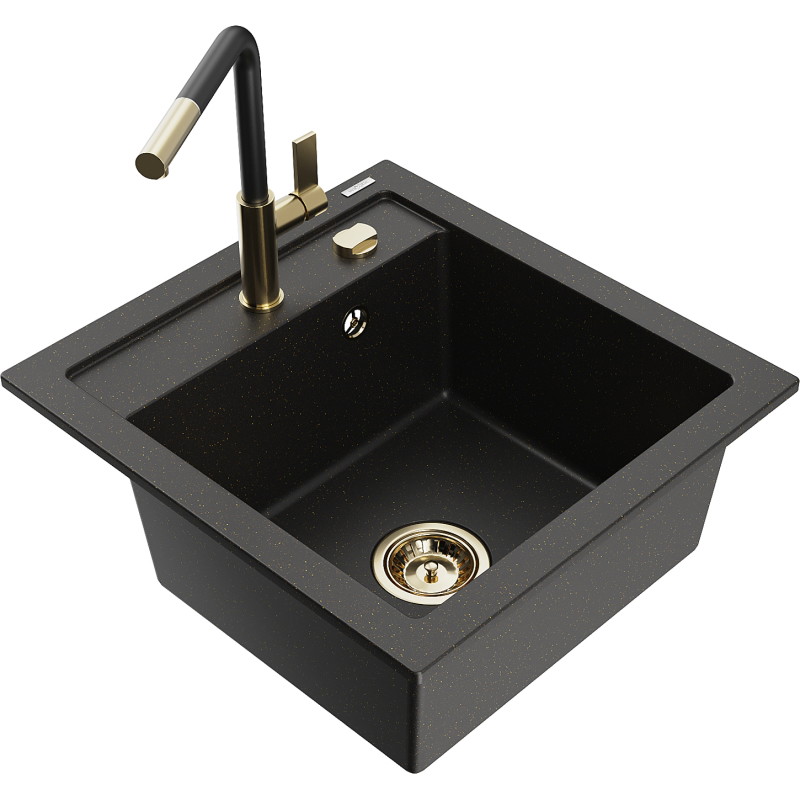 Mexen Vito granitspüle 1-becken mit küchenarmatur Flora, schwarz/goldener metallic - 6503-75-670401-57-G