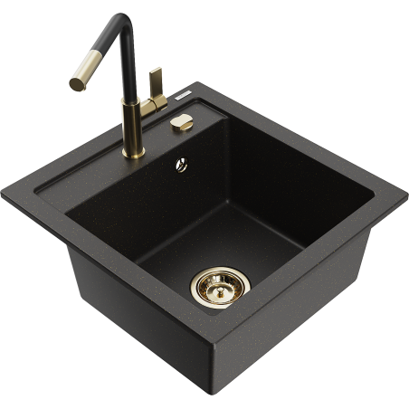 Mexen Vito Granitspüle 1-Becken mit Küchenarmatur Flora, schwarz/gold metallic - 6503-75-670401-57-G