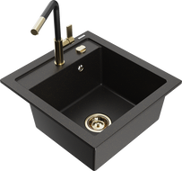 Mexen Vito granitspüle 1-becken mit küchenarmatur Flora, schwarz/goldener metallic - 6503-75-670401-57-G