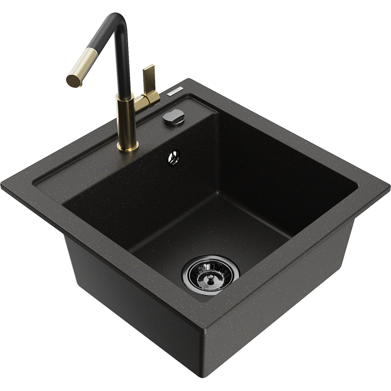 Mexen Vito Granitspüle 1-Becken mit Küchenarmatur Flora, schwarz/gold Metallic - 6503-75-670401-57-B