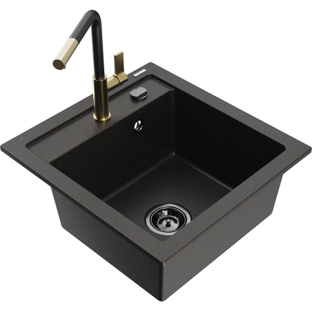 Mexen Vito Granitspüle 1-Becken mit Küchenarmatur Flora, schwarz/gold Metallic - 6503-75-670401-57-B