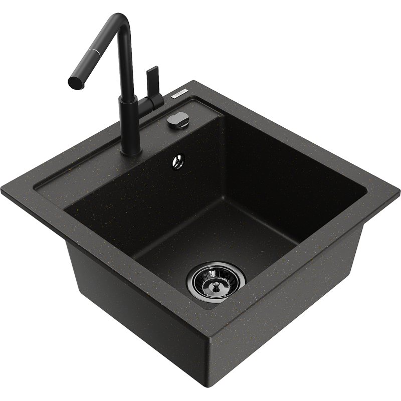 Mexen Vito Granitspüle 1-Becken mit Küchenarmatur Flora, Schwarz/Gold Metallic - 6503-75-670401-70-B