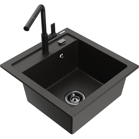 Mexen Vito Granitspüle 1-Becken mit Küchenarmatur Flora, Schwarz/Gold Metallic - 6503-75-670401-70-B