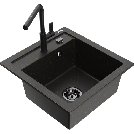 Mexen Vito Granitspüle 1-beckig mit Küchenarmatur Flora, schwarz/goldener Metallic - 6503-75-670401-70-B