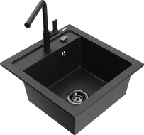 Mexen Vito Granitspüle 1-komorowy mit Küchenarmatur Flora, schwarz/goldener Metallic - 6503-75-670401-70-B